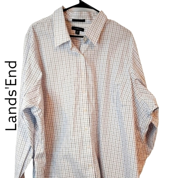 Lands'end Non Iron Pinpoint Oxford button blue white plaid shirt plus s - Picture 2 of 10